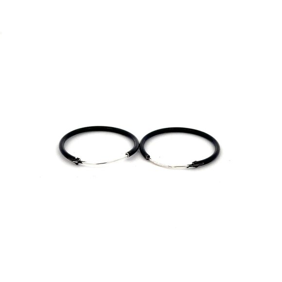 Unbranded Jewelry - 925 Sterling Silver Hoops Black Enamel Earrings